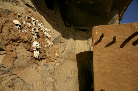 Falaise de Bandiagara La maison du chasseur est reconnaissable au crânes collés à la paroi de la falaise, avec de l'argile fraîche.